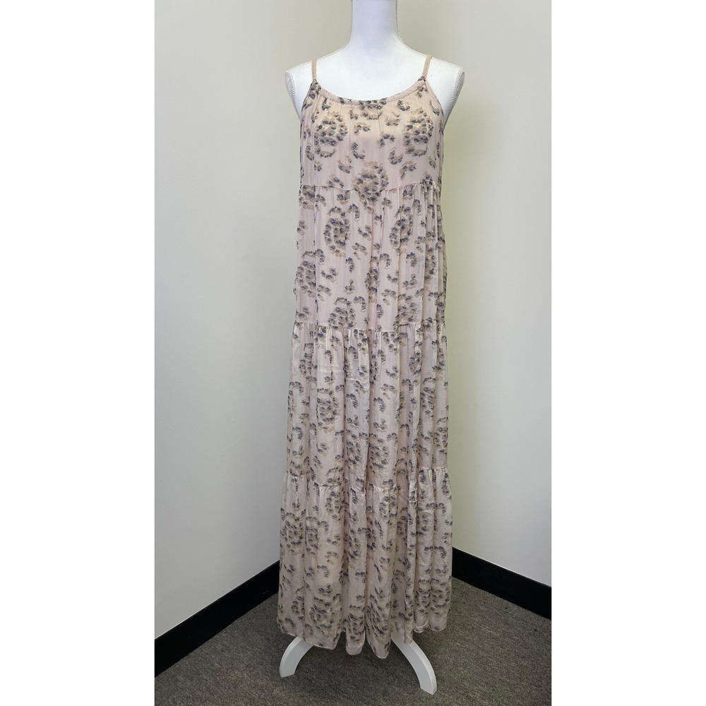 Elena Baldi Italy Silk Blend Tiered Maxi Dress Beige Blue Print Small